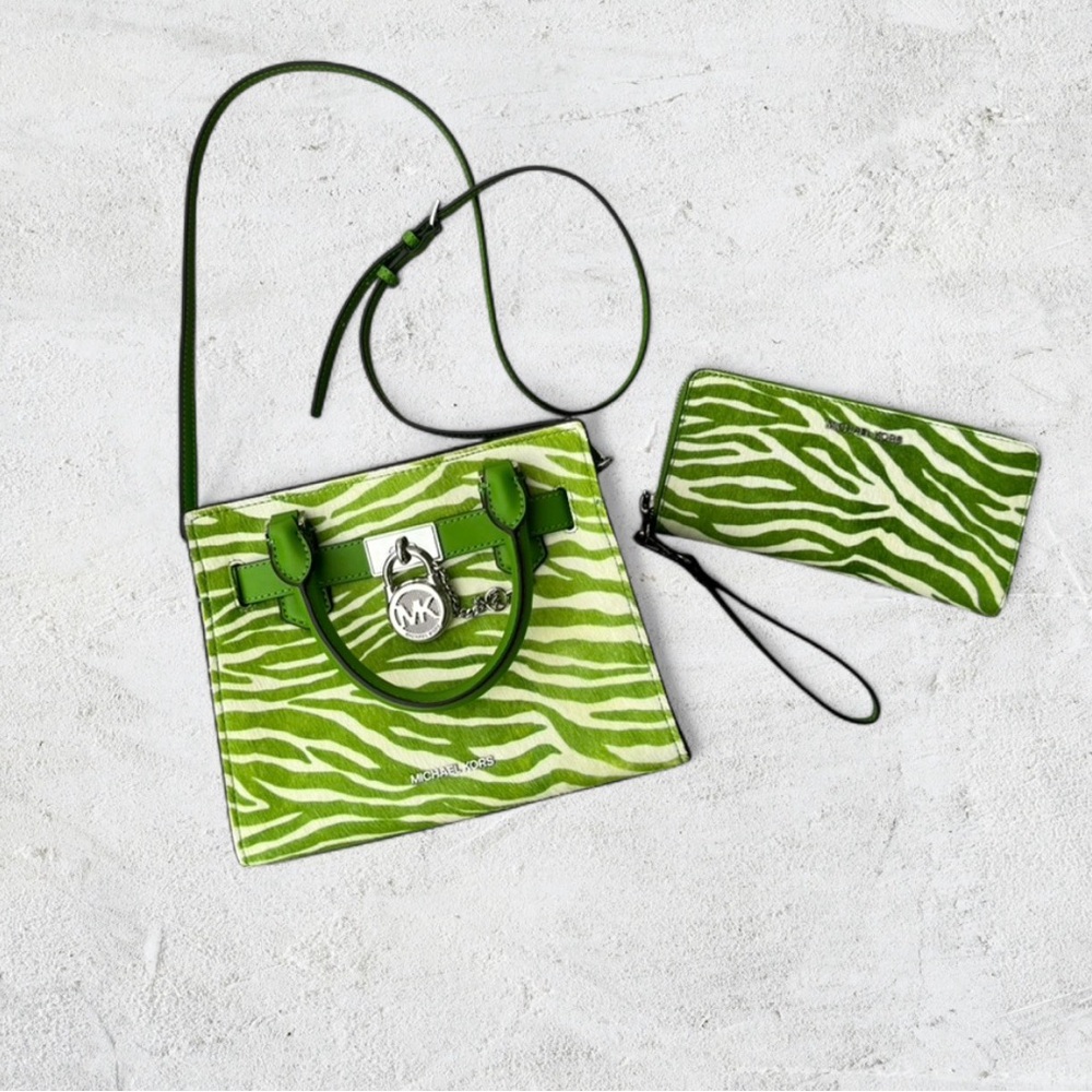 Michael Kors Hamilton Lime Green Zebra Print Crossbody Tote and Wristlet